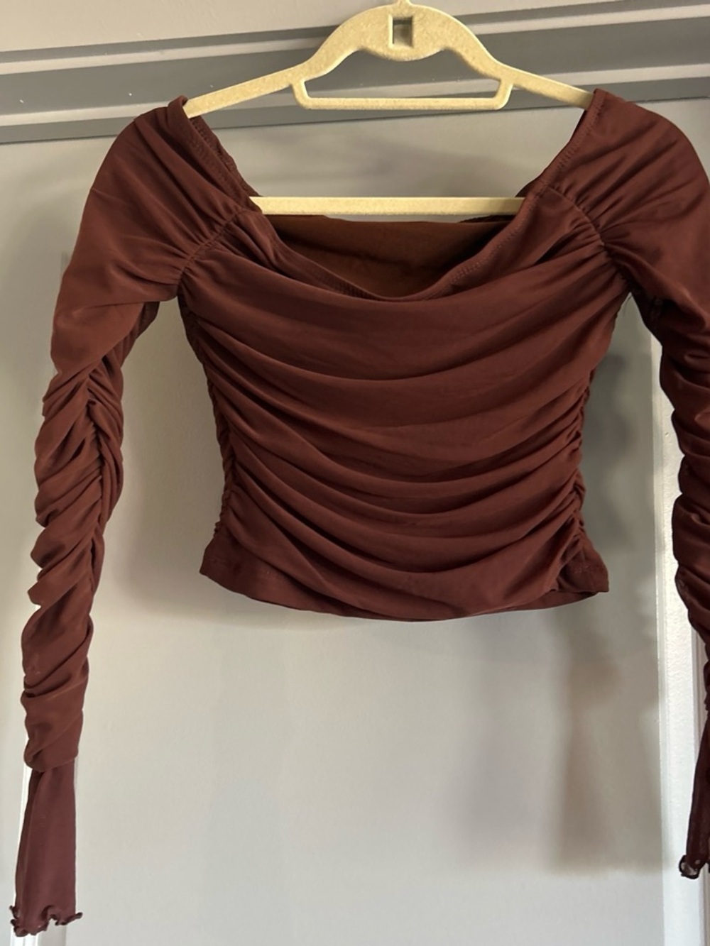 SHEIN Ruched Off-Shoulder Crop Top in Deep Brown